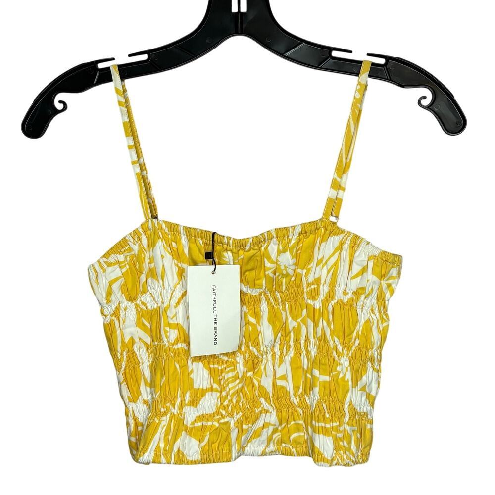 Faithful the Brand Smocked Yellow & White Floral Cropped Velma Tank Size Large
